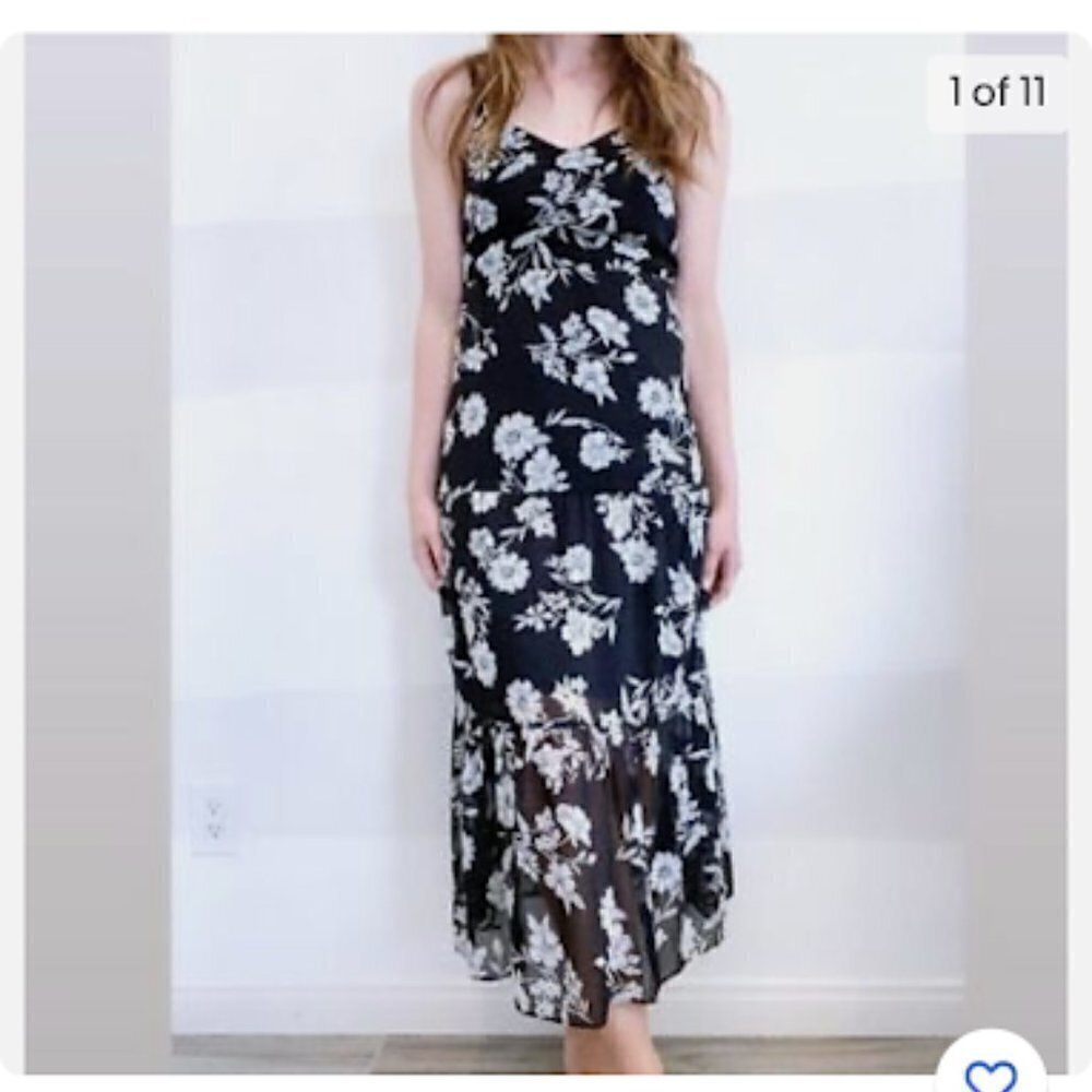 J. Crew Dress Daisy Floral Maxi Tiered Ruffle Black White Sleeveless
